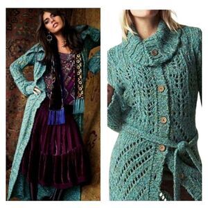 Free People Budapest Day Dream Boho teal knit long maxi sweater cardigan XS